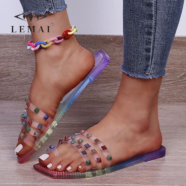 

slippers lemai transparent colorful crystal women summer casual pvc bordered slip-on sandals square flip-toe for, Black