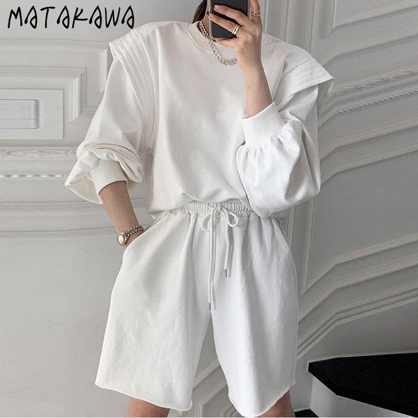 

women's tracksuits matakawa two piece set women korean autumn o neck pullover loose sweatshirts+high waist casual wide leg burrs shorts, Gray