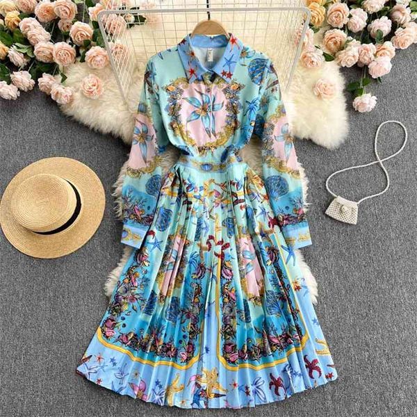 

european station early spring vestidos women's lapel long-sleeved shirt printing heavy-duty pleated midi dress gl015 210506, Black;gray