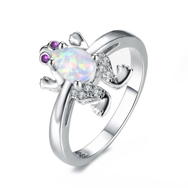 

wedding rings cute female blue white fire opal ring promise silver color engagement for women boho frog animal, Slivery;golden