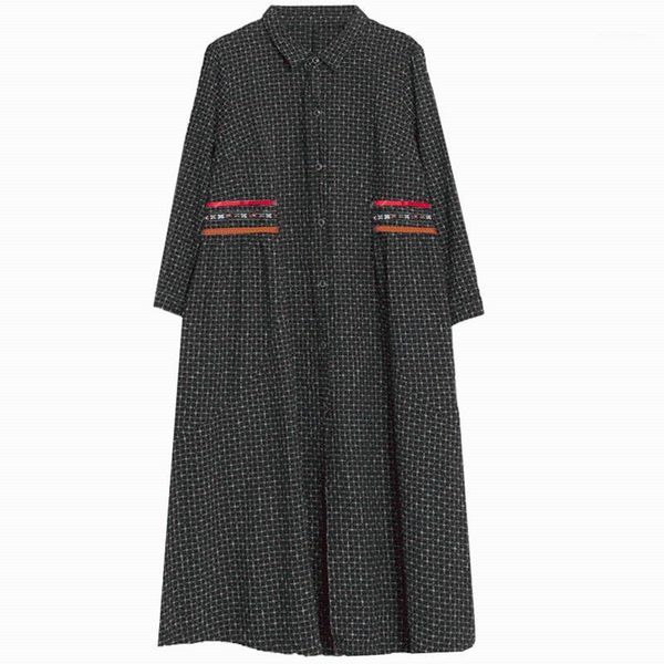 

casual dresses dress women korean-style large-size loose shirt long sleeve autumn slim plaid cotton linen, Black;gray