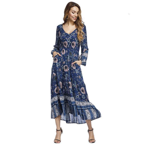 

midi casual dresses lantern elegant holiday style printed long sleeve pocket dress, Black;gray