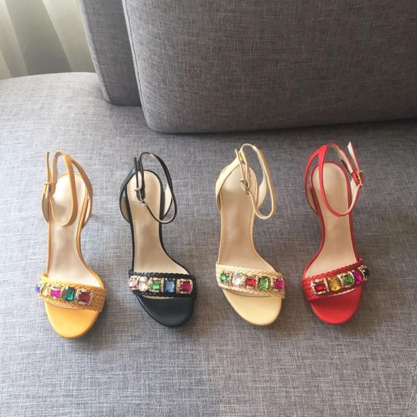 

sandals large size35-41 women party thin heels ladies open-toes crystal genuine leather slippers zapatillas mujer designer shoes, Black