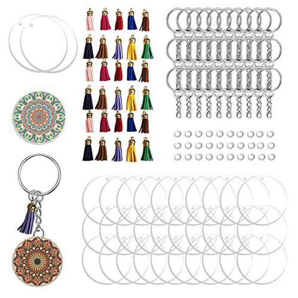 

keychains 30 set 2 inch round acrylic discs with keyring keychain and tassel pendants for diy craft projects, Silver