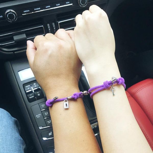 

charm bracelets key lock couple bracelet magnetic attraction creative men friendship rope and women jewelry gift bracelet2pcs, Golden;silver