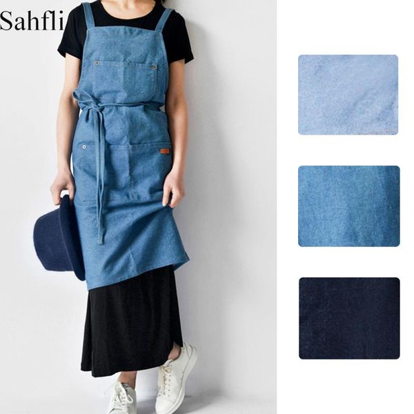 

aprons long adjustable housekeeping denim apron with pockets antifouling household cooking sleeveless clothing for women men