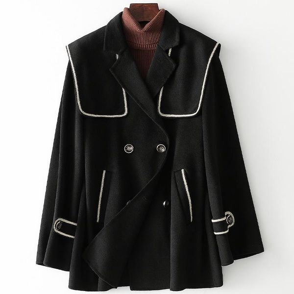

women's wool & blends spring solid color commuter double breasted double-sided woolen coat black loose jacket medium length