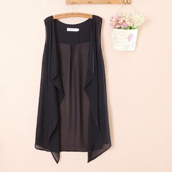 

women's vests large size 4xl chiffon waistcoat for women cardigan loose vest summer breathable thin black long, Black;white
