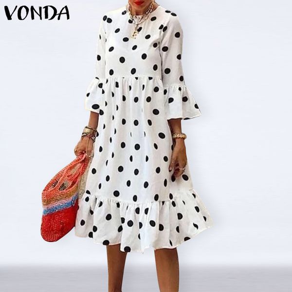 

2021bohemian midi dress womens 3/4 sleeve ruffle dress vintage polka dot dress 2021 vonda summer holiday sundress femininas, Black;gray