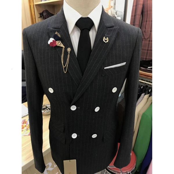 

men's suits & blazers double classic black breasted stripes male suits two fine fitting blazer groom jacket with pants on 946o, White;black