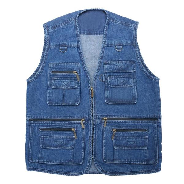 

men's vests denim vest plus size middle-aged elderly multi-pocket waistcoat outdoor fishing casual travel sleeveless jacket coat wholes, Black;white