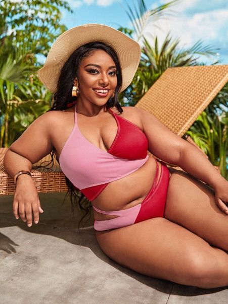 

plus color block wrap bikini swimsuit h2hl#, Black