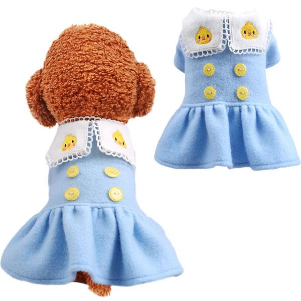 

cute blue dog clothes winter chick pattern woolen warm coat botton decor pet princess tutu dress jacket for small bichon pug apparel