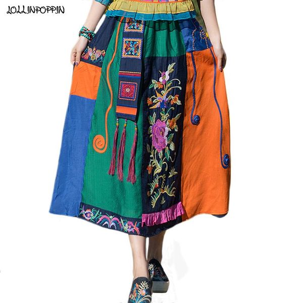 

skirts floral embroidery women patchwork color ethnic skirt with fringes elastic waist ladies mid-calf bohemian, Black
