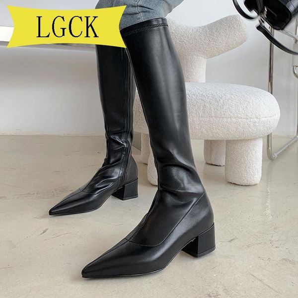 

boots plus size 34-43 western black leather knee high for women pointed toe winter long chunky heels knight