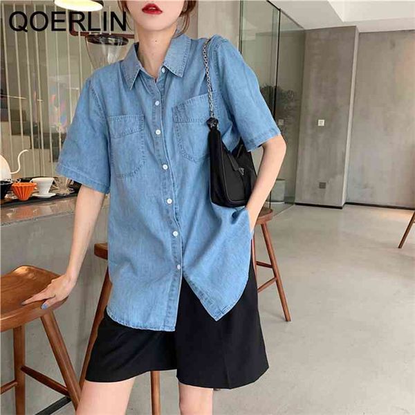 Camicia da giacca in denim sottile vintage estate coreano manica corta sciolto casual streetwear blu jean cappotto plus size 210601