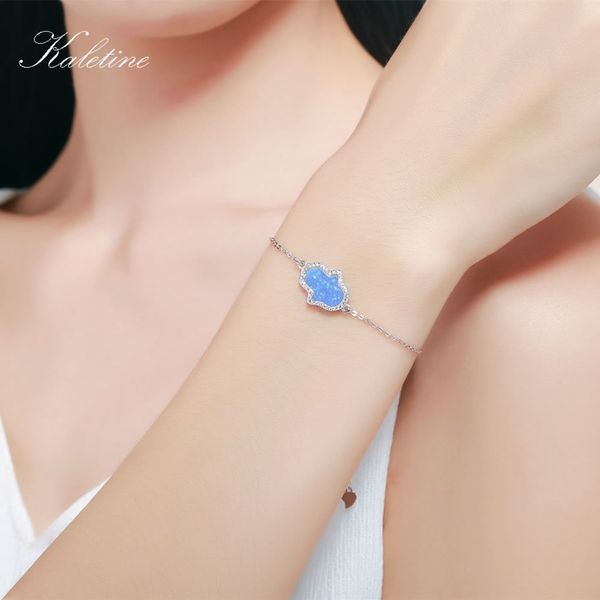 Kaletine Genuine 925 Sterling Silver Bracciale Opal Blue White Bracciali per donna Hamsa Hand of Fatima Fashion Jewelry