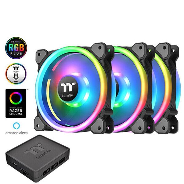 

thermaltake riing trio 14 led rgb chassis fan (14cm fan*3/16.8 million colors/dual aperture/voice control) fans & coolings