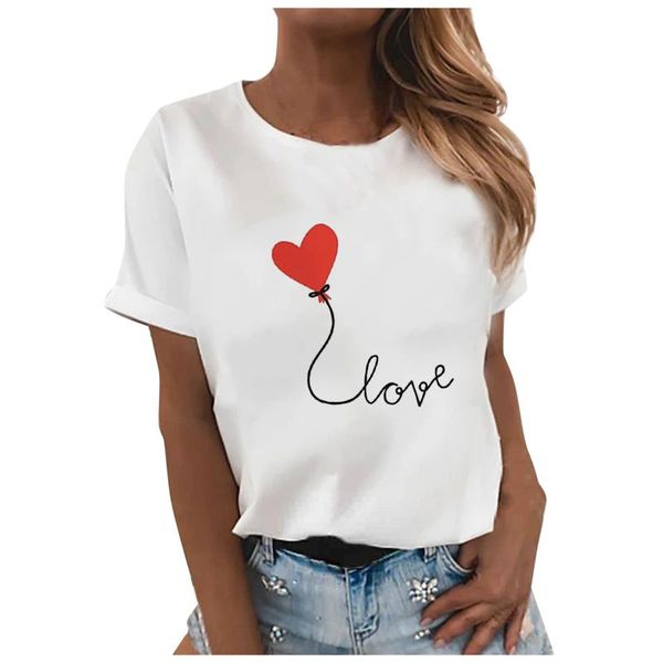 

women's t-shirt women summer heart love printing t shirt 90s fashion tees casual round neck short sleeve loose simple basic pullover, White