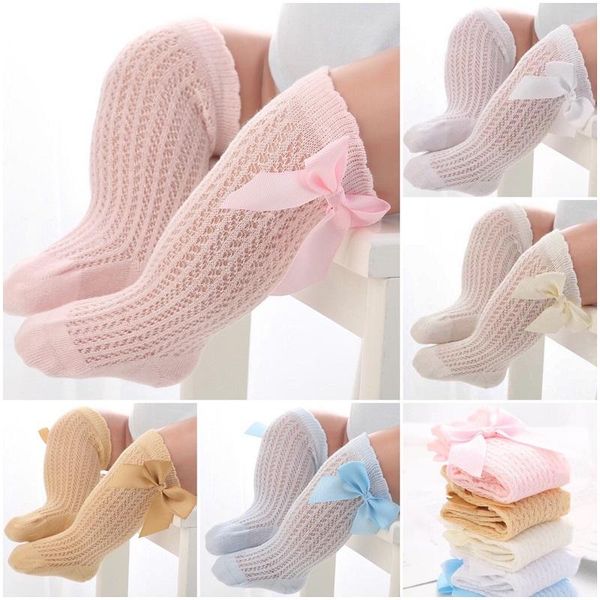 

baby girl socks summer mesh breathable long pure color knee-high with bowknot fashion, Pink;yellow