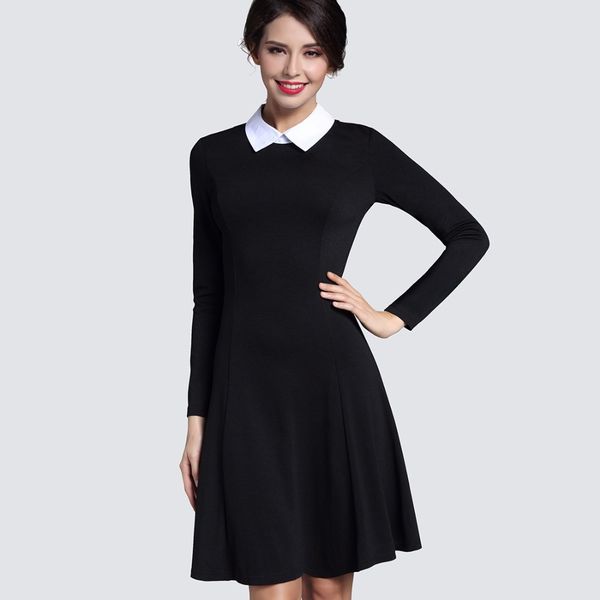 

dresses autumn winter women's elegant casual a-line slim turn- collar long sleeve work office black es for women ha016, Black;gray