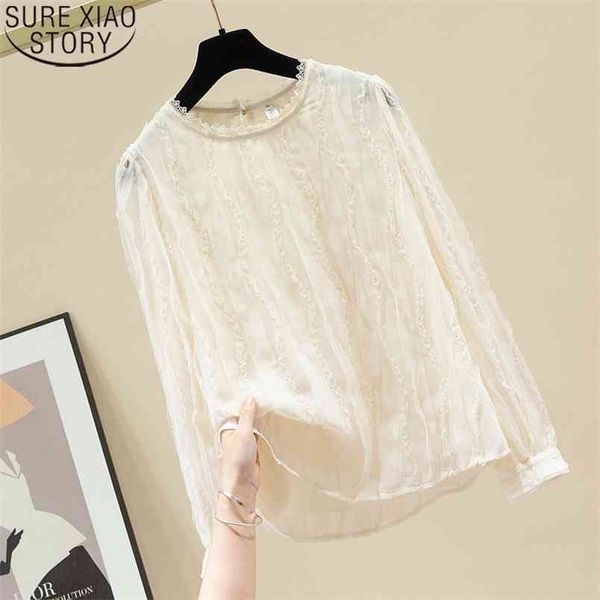 

elegant lace shirt women mesh spliced chiffon autumn korean casual blusas mujer de moda apricot 11223 210506, White