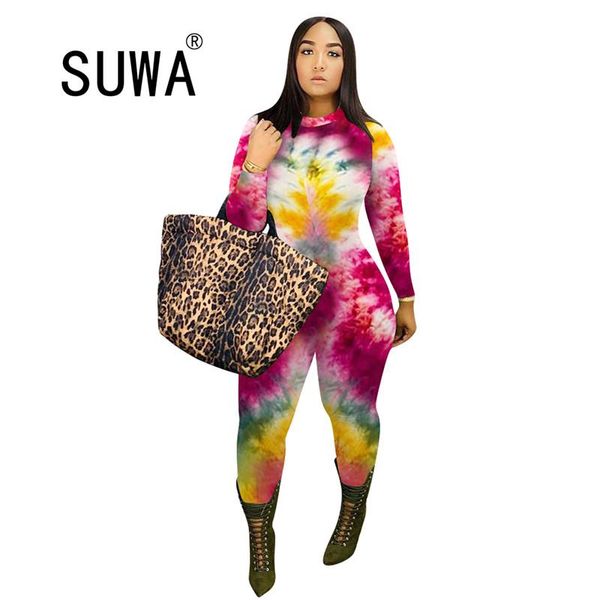 

women's jumpsuits & rompers autumn women tie dye print jumpsuit long sleeve skinny bodycon romper high streetwear one piece playsuits b, Black;white