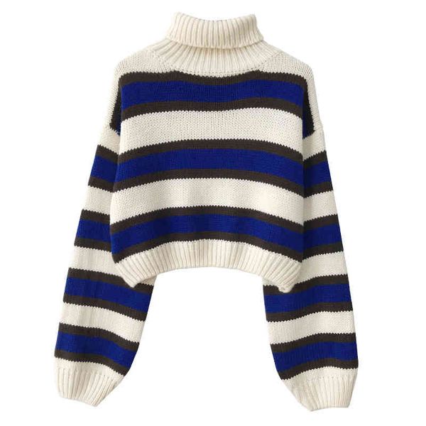 

korean version - women's loose turtleneck sweater, striped long sved sweater, White;black