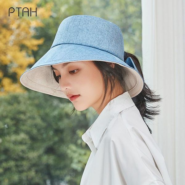 

wide brim hats [ptah] summer women's bucket anti-uv cloth comfort cap foldable windproof rope breathable bow female, Blue;gray