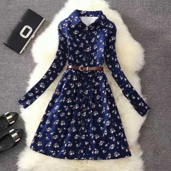 

casual dresses women autumn dress lady korean style vintage floral printed shirt long sleeve plus velvet warm winter vestido, Black;gray