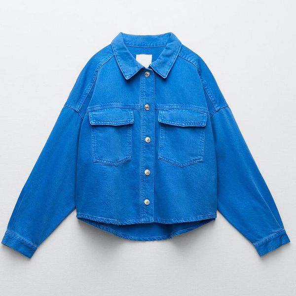 

women's jackets women spring autumn denim double pocket shirt jacket solid color lapel casual loose street jean coat, Black;brown