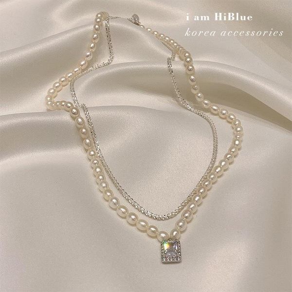 

chains freshwater pearl double layer necklace female square crystal clavicle chain lady's temperament is exquisite, Silver