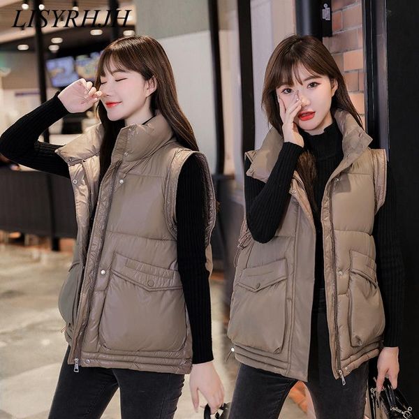 

women's vests lisyrhjh fashion 2021 autumn winter short cotton vest women jacket glossy sleeveless coat warm ladies waistcoat, Black;white
