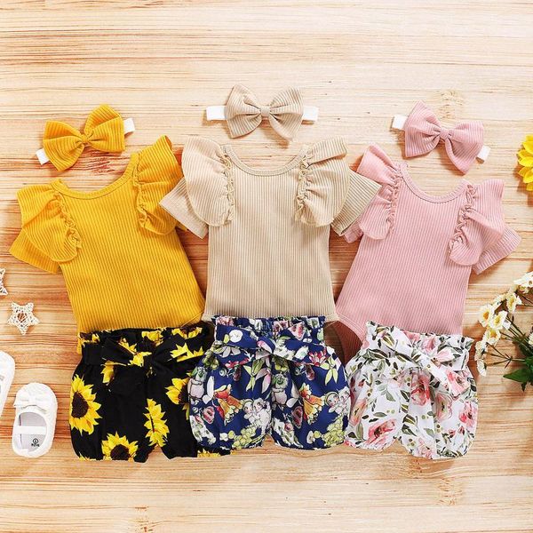 

clothing sets born infant baby girls solid frill +floral shorts+headband outfits clothe children dresses toddler girl clothes clot, White