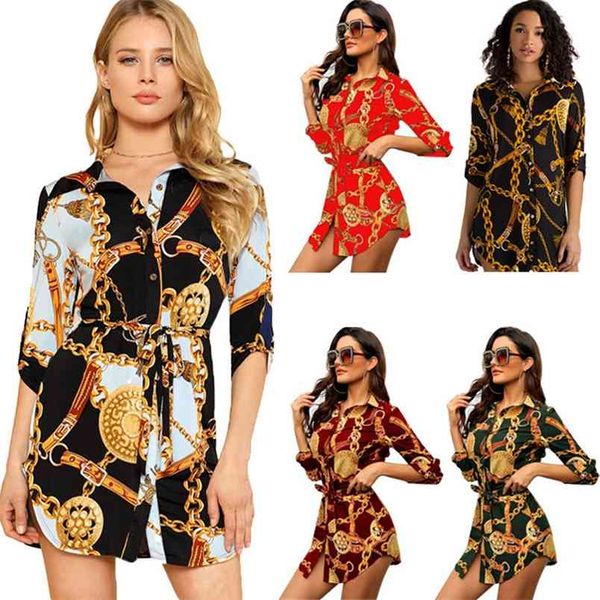 Fashion's Moda Primavera Camisa Dress Senhoras Chain Impressão de Manga Longa Único-Breasted Gire para baixo Colar Mini Femme 210517