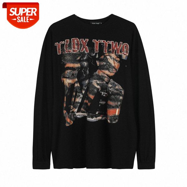 

dark character print long-sleeved t-shirt men's american loose round neck pullover bottoming shirt #5p3k, White;black
