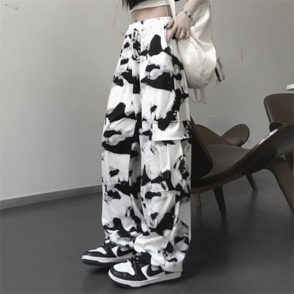 Houzhou cargo calças gravata tintura harajuku streetwear mulheres perna larga cintura alta calças punk oversize estética estética moda coreana 210925