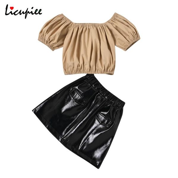 

1-6 years girl\u2021s skirt two piece suit fashion solid color boat neck lantern sleeve and leather short clothing sets, White