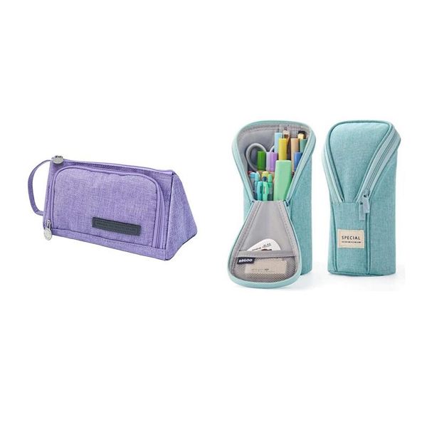 

pencil bags angoo 2 pcs large capacity case durable student pen holder organizer, purple & mint green