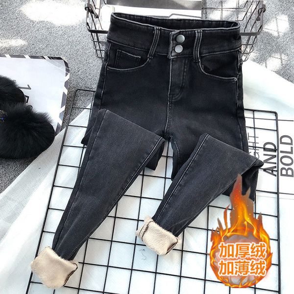

kog514 black fashion high waist light blue thickening and jeans bootcut tide female new winter cotton trousers light color and fee