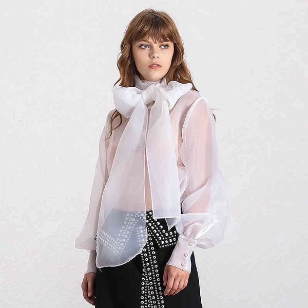 

white black elegant perspective womens and blouses lantern sleeve lace up plus size shirts female autumn fashion new