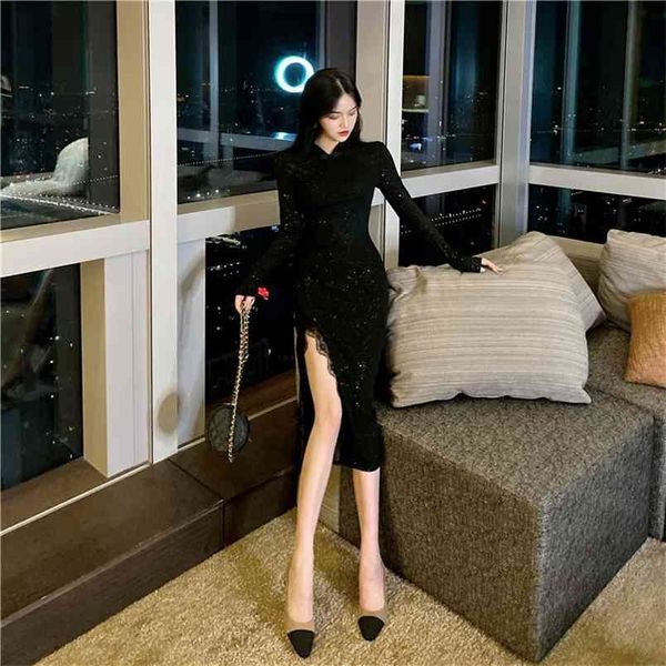 

spring autumn women's dress retro lace split cheongsam hong kong style thin long sleeve female es ll172 210506, Black;gray