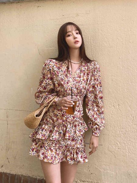 

dress women's long sleeve gauze camp skirt, retro french style, printed, short waist, spring and autumn, Black;gray