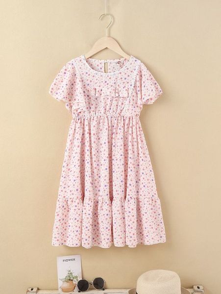 

girls ditsy floral lace insert ruffle hem babydoll dress she, Red;yellow