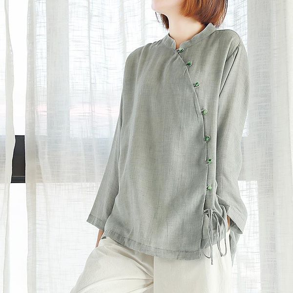 

ethnic clothing women chinese style blouse loose stand up collar pearl buttons cotton linen casual shirt pure color oriental lady tradition, Red