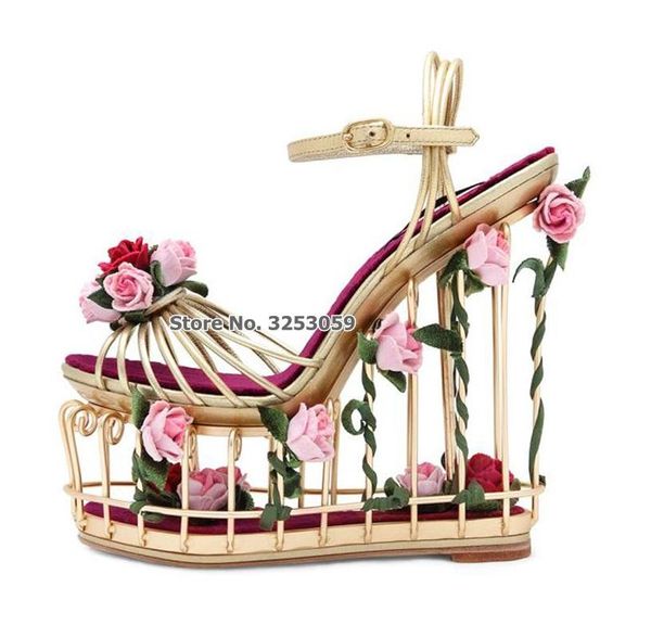 

high-end luxury golden metal cage sandals pink red 3d flowers wedding shoes sky-high wedge heel platform, Black