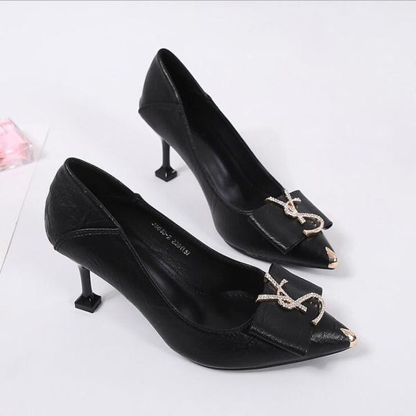

dress shoes pumps women fashion rhinestone buckle office basic high heels work lady thin elegant point toe 2021 autumn, Black