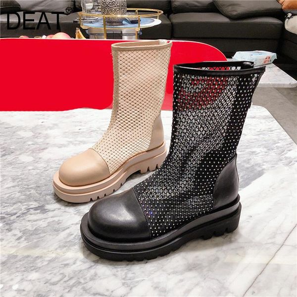 

boots [deat] 2021 round toe genuine leather mesh hollow out crystal single women platform cool spring summer fashion 10h775, Black