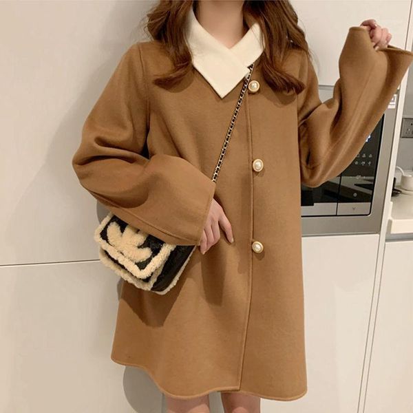 

women's wool & blends women mid-length winter scarf collar cloak woolen coat manteau femme laine et mÃ©langes abrigo mujer invierno de l, Black