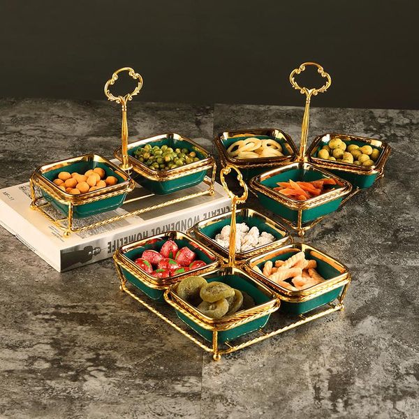 

dishes & plates nordic style dark green snack platter ceramic dried fruit bowl with metal base double-layer tableware storage tray